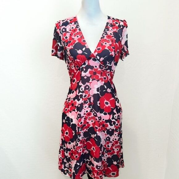 Michael Kors V-Neck Floral Dress Short Sleeve Pockets Pink Red Blue Size 4 NWT - Picture 2 of 16